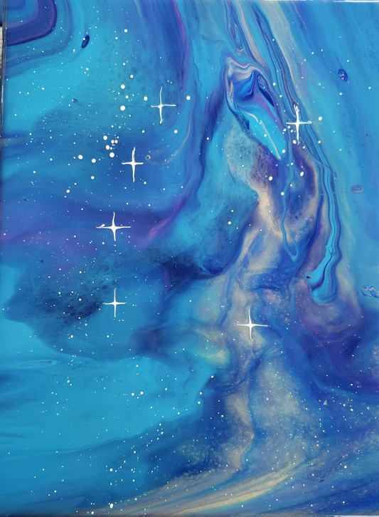 Fluid art painting with teal and blue galaxy tones, purple nebula swirls, and white star accents